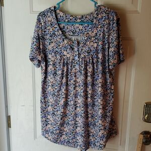 Blue and White Relaxed Short Sleeve Blouse